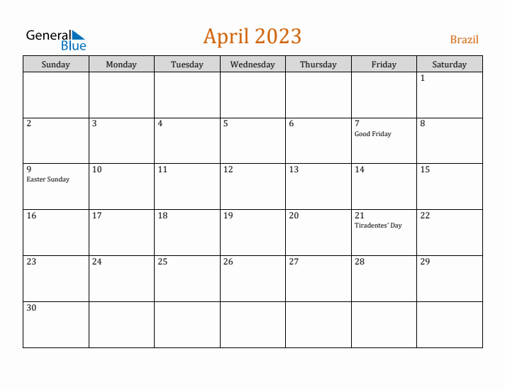 April 2023 Holiday Calendar with Sunday Start