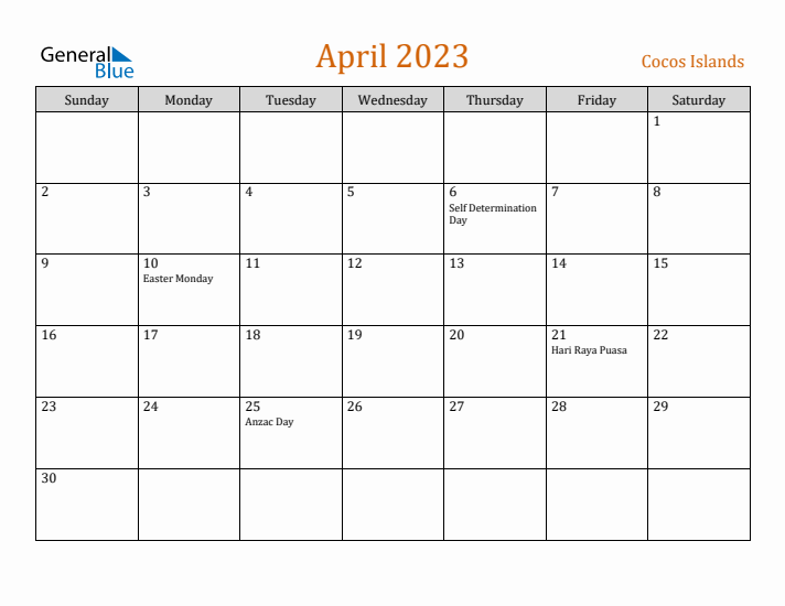 April 2023 Holiday Calendar with Sunday Start