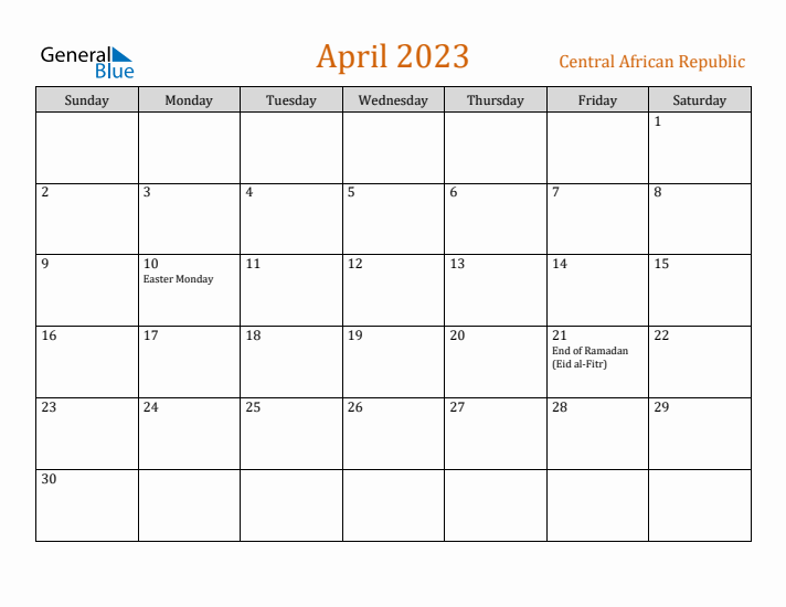 April 2023 Holiday Calendar with Sunday Start