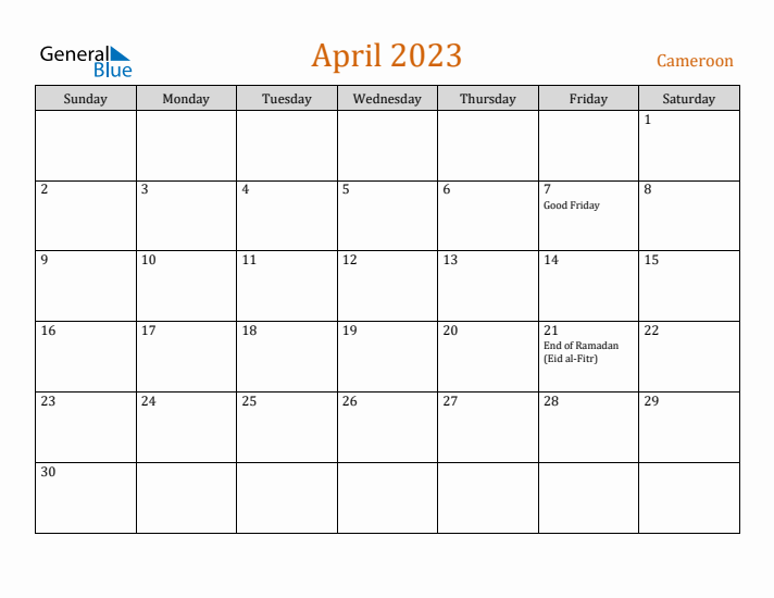 April 2023 Holiday Calendar with Sunday Start