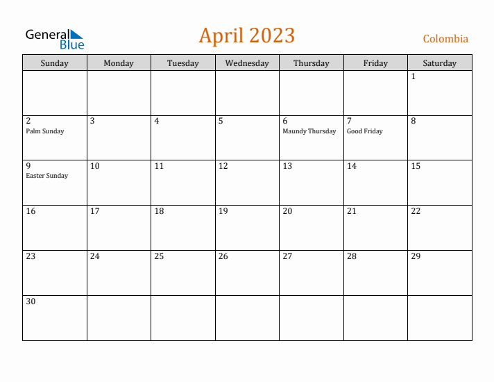 April 2023 Holiday Calendar with Sunday Start