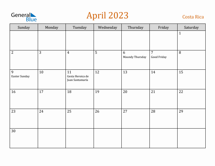 April 2023 Holiday Calendar with Sunday Start