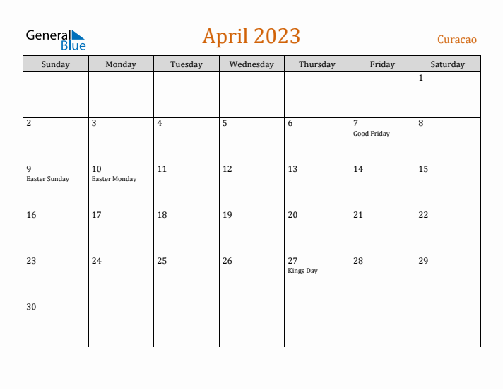 April 2023 Holiday Calendar with Sunday Start