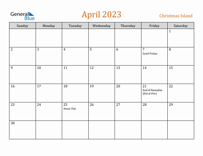 April 2023 Holiday Calendar with Sunday Start