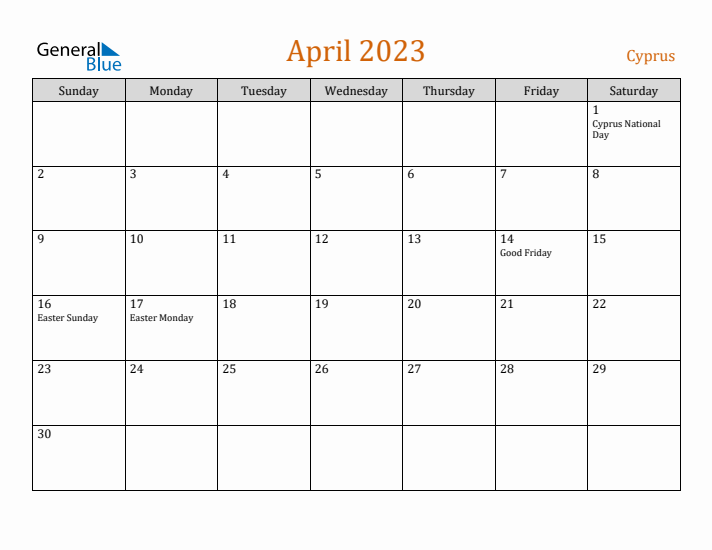 April 2023 Holiday Calendar with Sunday Start