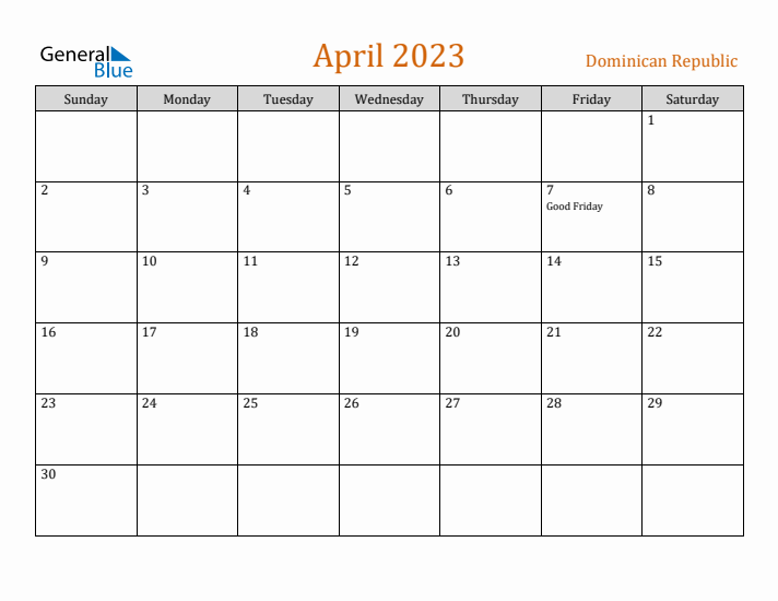 April 2023 Holiday Calendar with Sunday Start