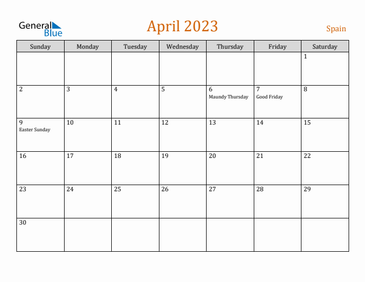 April 2023 Holiday Calendar with Sunday Start