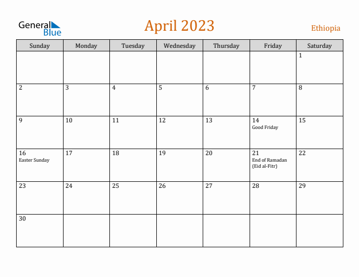 April 2023 Holiday Calendar with Sunday Start