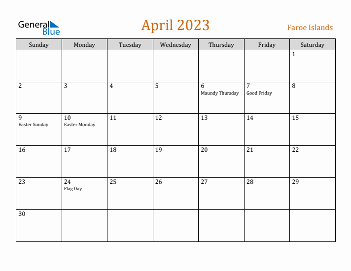 April 2023 Holiday Calendar with Sunday Start