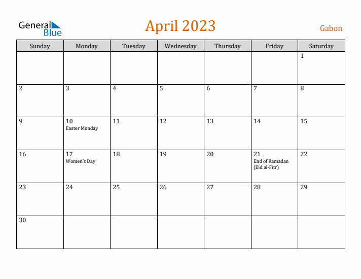 April 2023 Holiday Calendar with Sunday Start