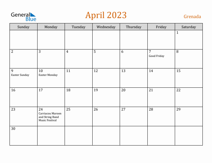 April 2023 Holiday Calendar with Sunday Start