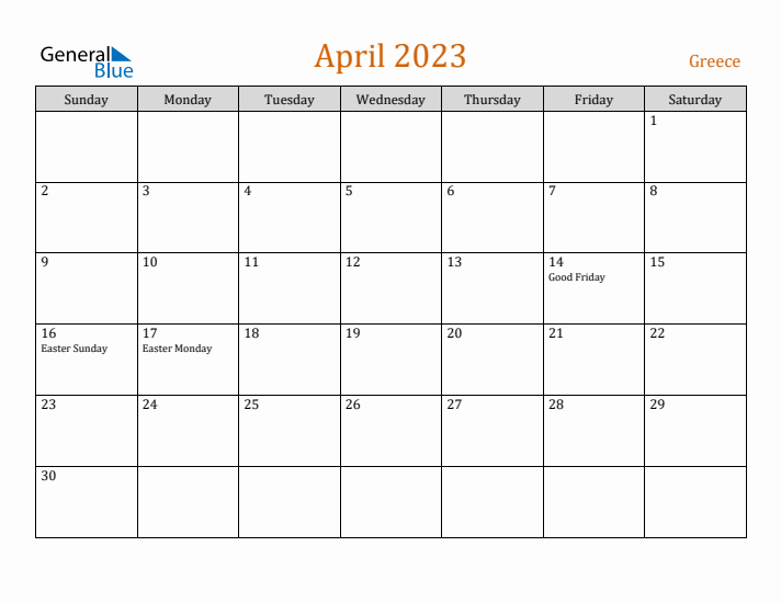 April 2023 Holiday Calendar with Sunday Start