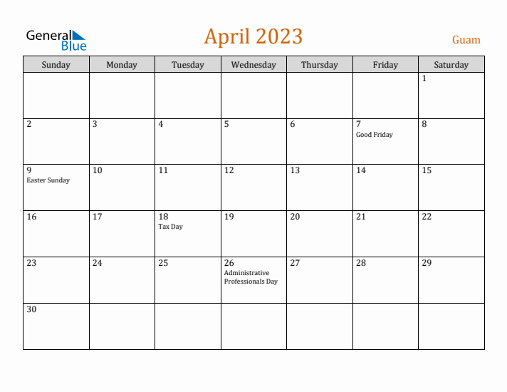 April 2023 Holiday Calendar with Sunday Start