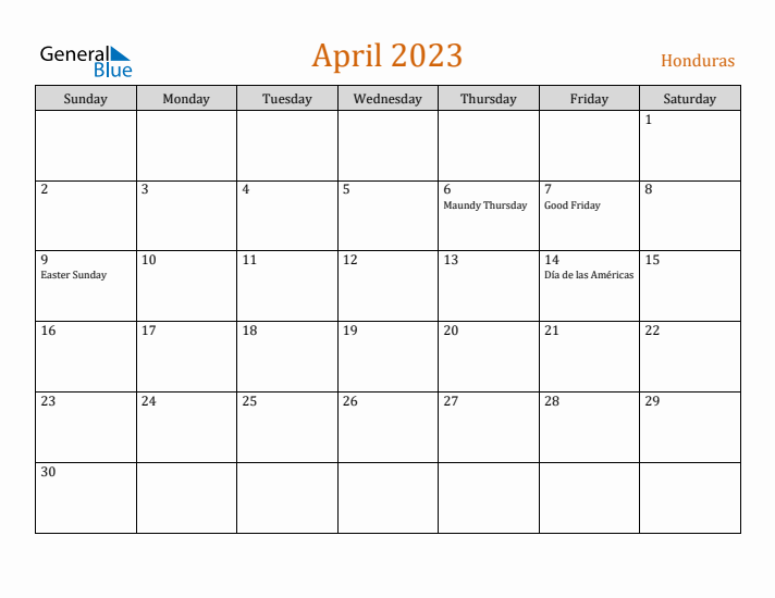 April 2023 Holiday Calendar with Sunday Start