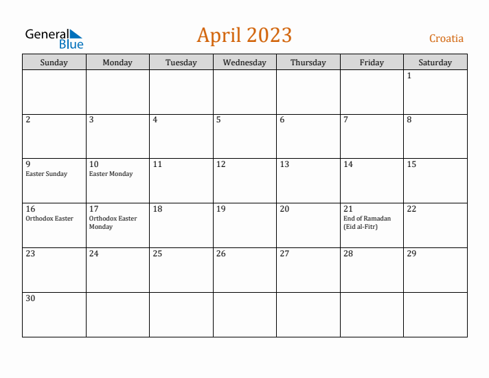 April 2023 Holiday Calendar with Sunday Start