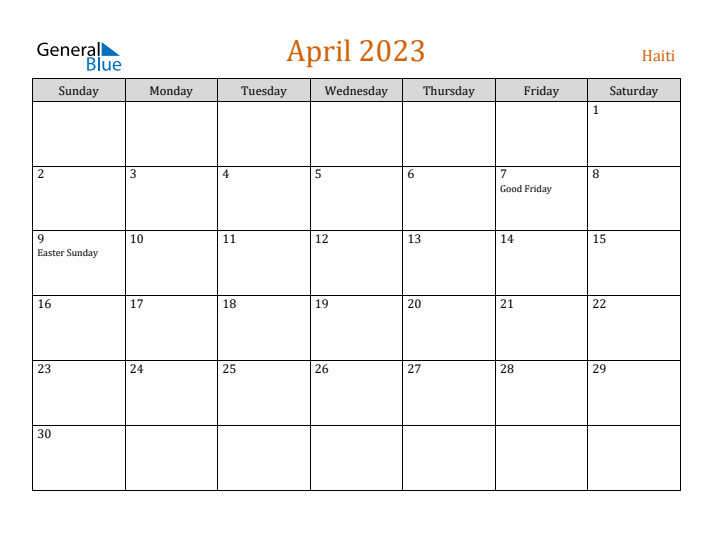 April 2023 Holiday Calendar with Sunday Start