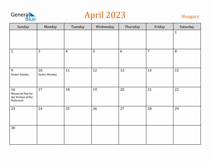 April 2023 Holiday Calendar with Sunday Start