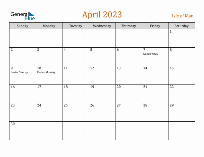 April 2023 Holiday Calendar with Sunday Start