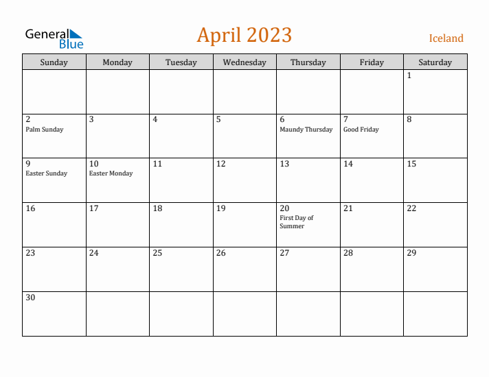 April 2023 Holiday Calendar with Sunday Start