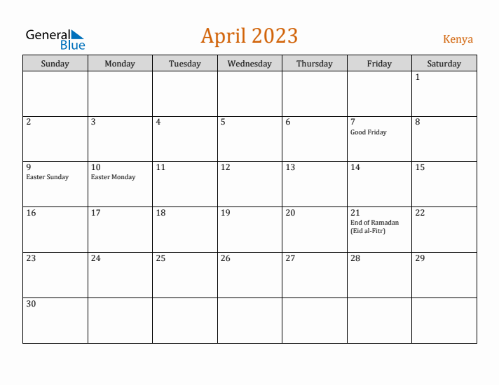 April 2023 Holiday Calendar with Sunday Start