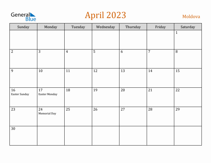 April 2023 Holiday Calendar with Sunday Start