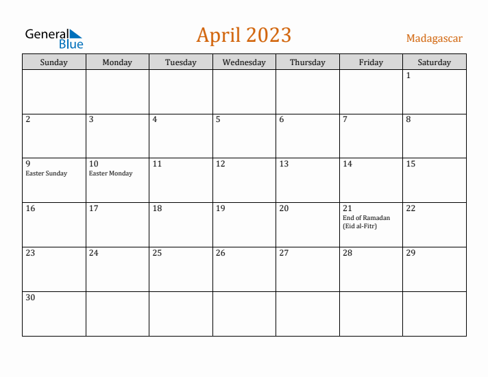 April 2023 Holiday Calendar with Sunday Start