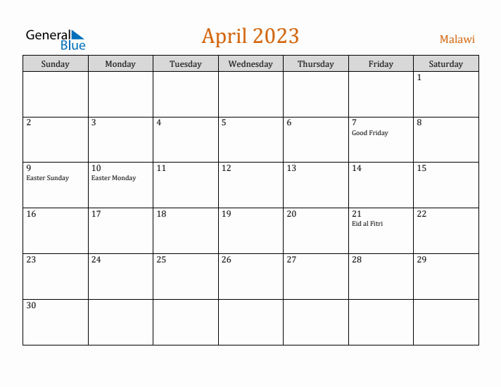 April 2023 Holiday Calendar with Sunday Start