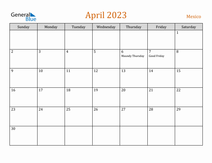 April 2023 Holiday Calendar with Sunday Start