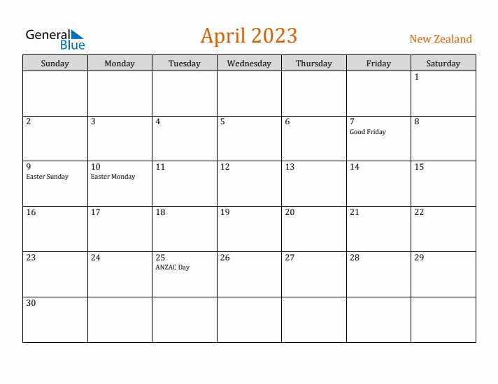 April 2023 Holiday Calendar with Sunday Start