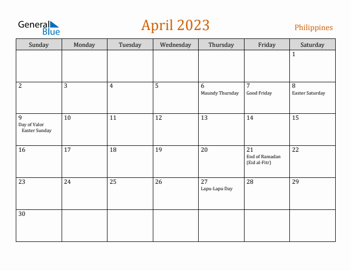 April 2023 Holiday Calendar with Sunday Start