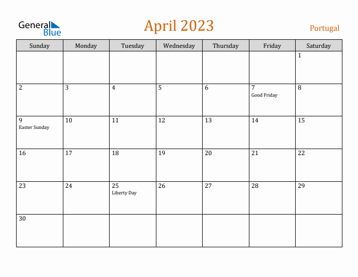 April 2023 Holiday Calendar with Sunday Start