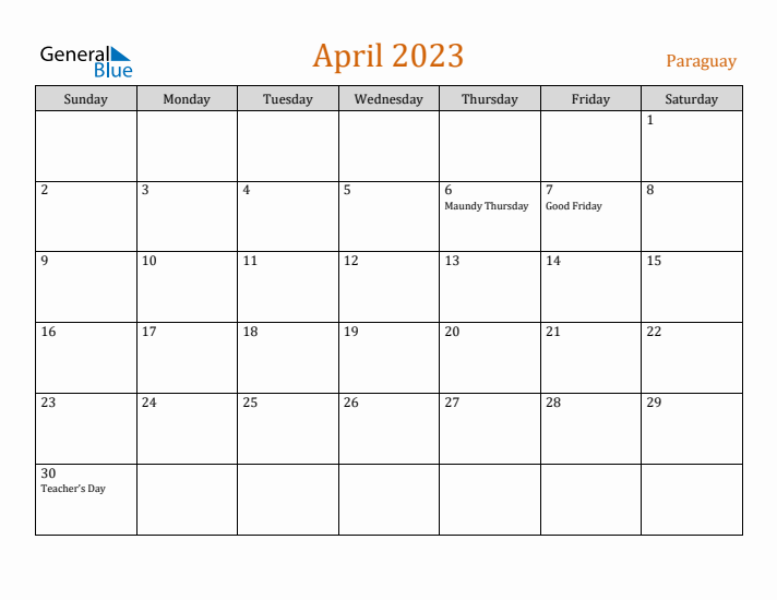 April 2023 Holiday Calendar with Sunday Start