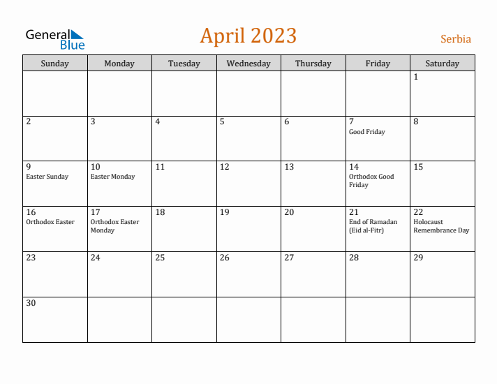 April 2023 Holiday Calendar with Sunday Start