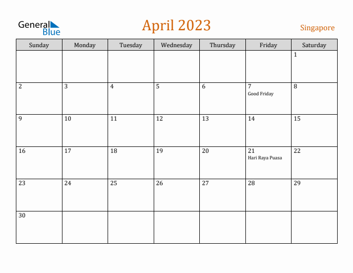 April 2023 Holiday Calendar with Sunday Start