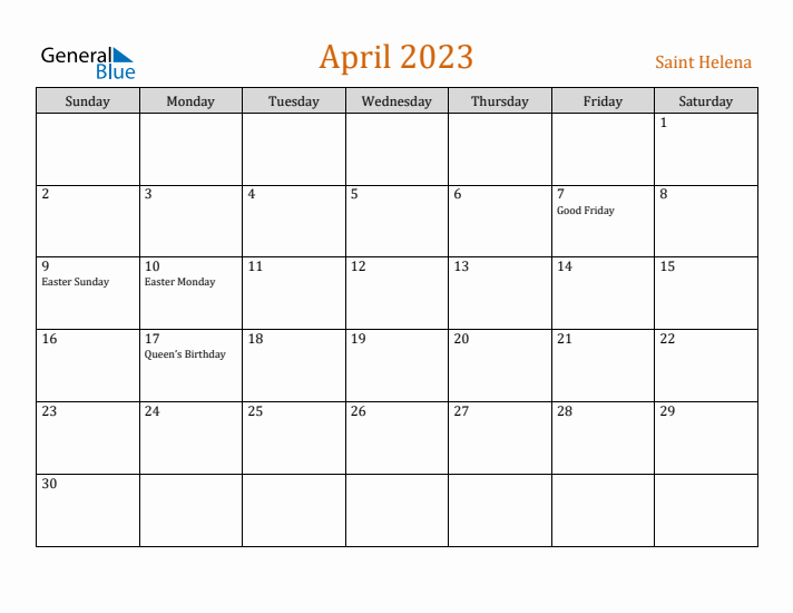 April 2023 Holiday Calendar with Sunday Start