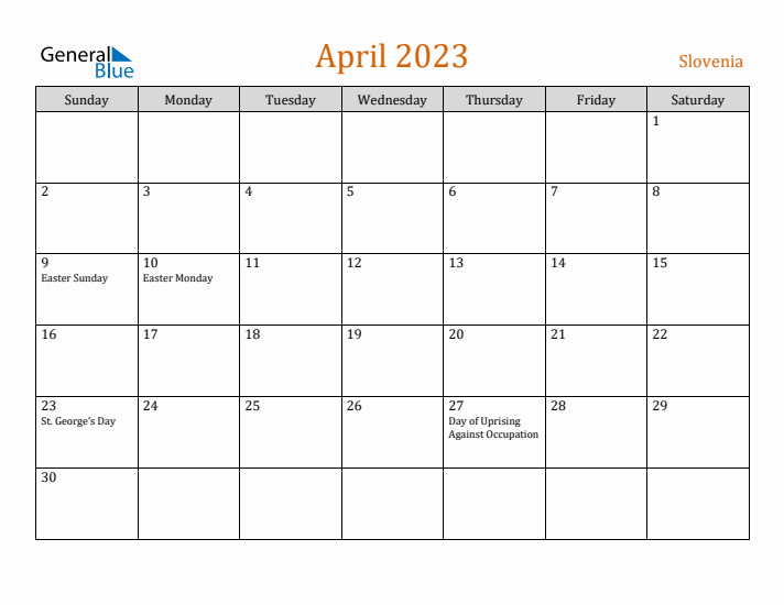 April 2023 Holiday Calendar with Sunday Start