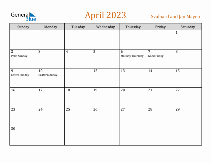 April 2023 Holiday Calendar with Sunday Start