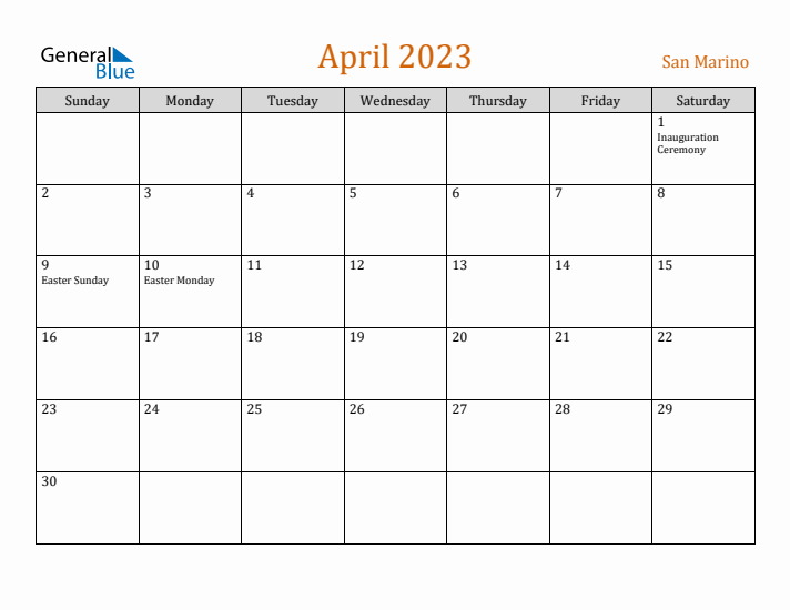 April 2023 Holiday Calendar with Sunday Start