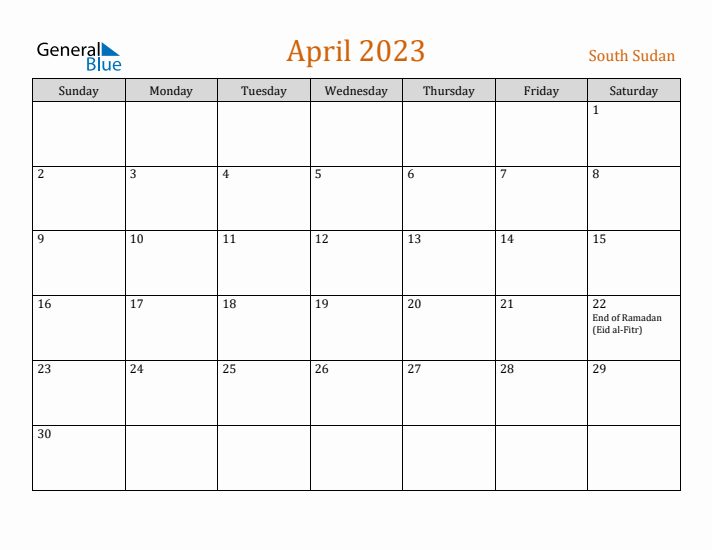 April 2023 Holiday Calendar with Sunday Start