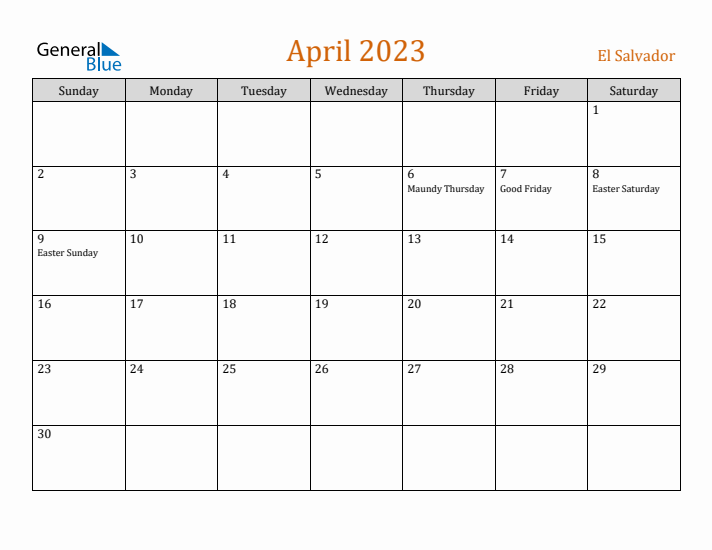 April 2023 Holiday Calendar with Sunday Start