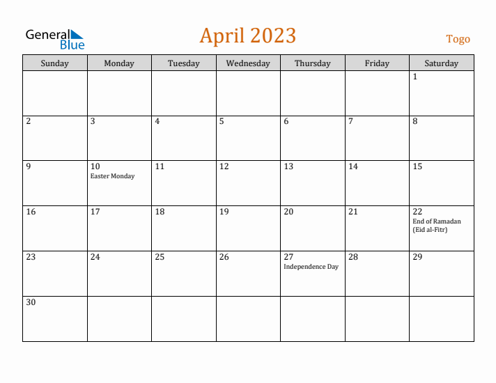 April 2023 Holiday Calendar with Sunday Start