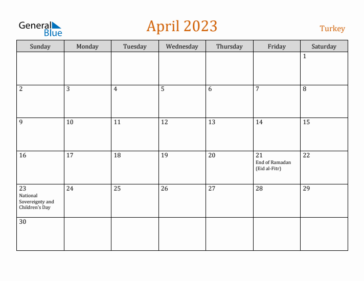 April 2023 Holiday Calendar with Sunday Start