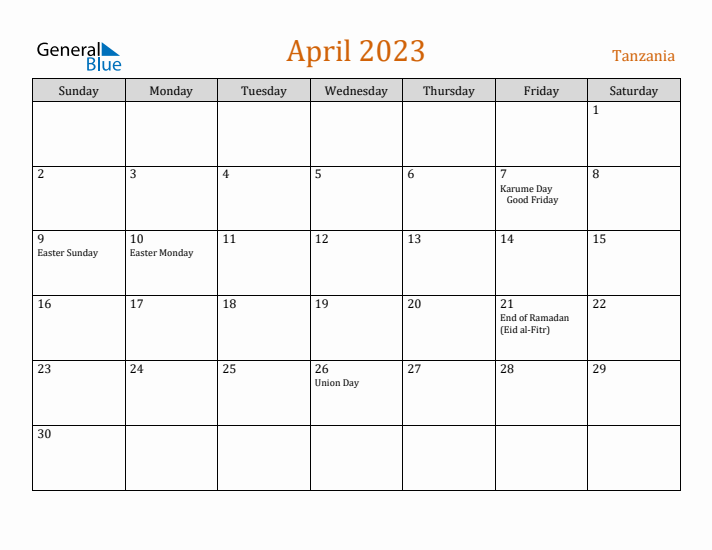 April 2023 Holiday Calendar with Sunday Start