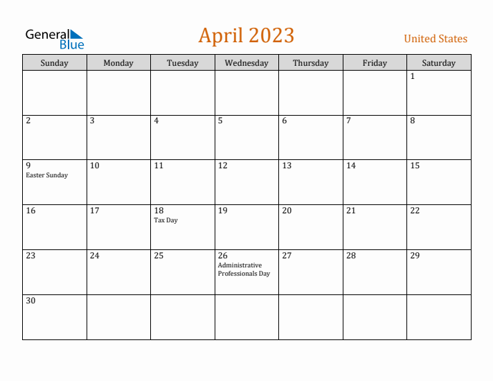 April 2023 Holiday Calendar with Sunday Start