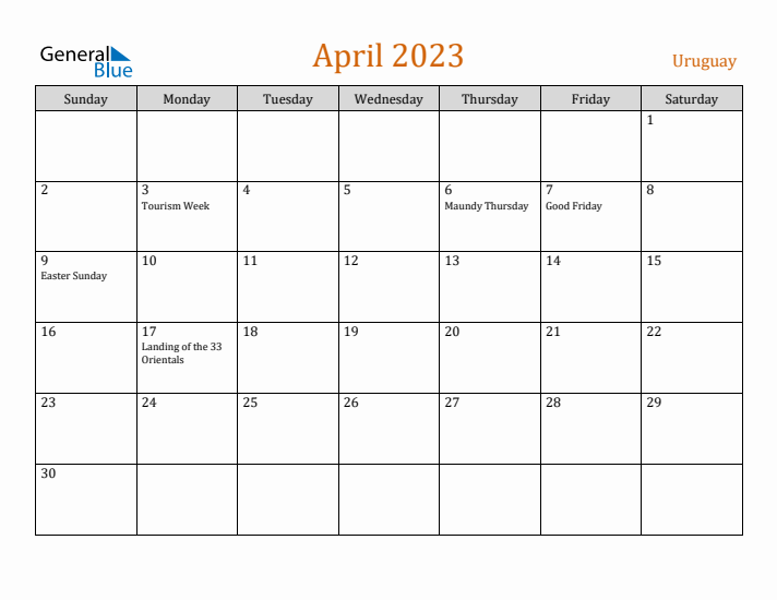 April 2023 Holiday Calendar with Sunday Start