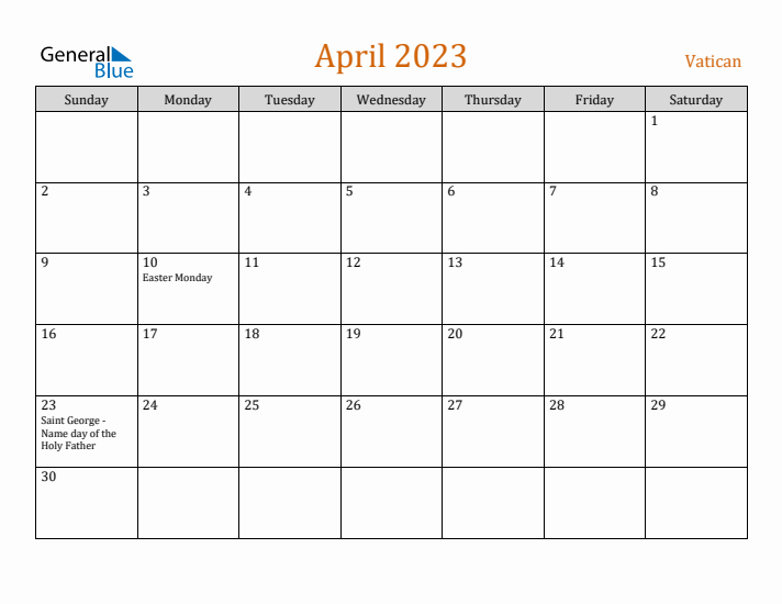 April 2023 Holiday Calendar with Sunday Start