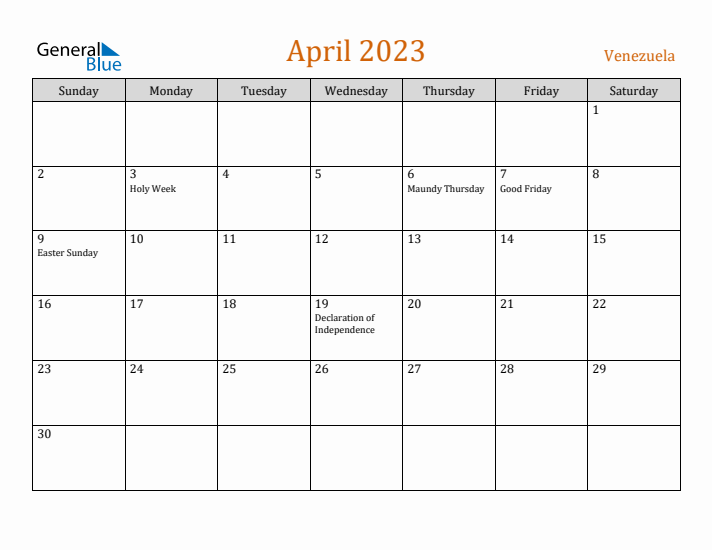 April 2023 Holiday Calendar with Sunday Start