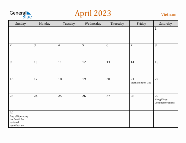 April 2023 Holiday Calendar with Sunday Start