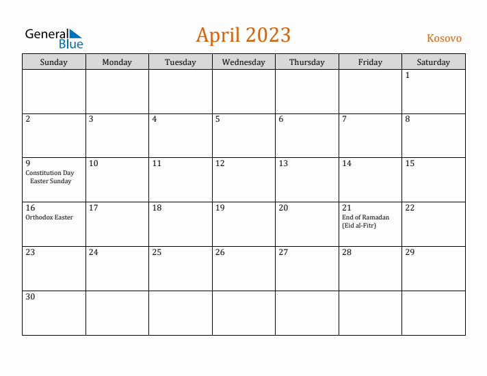 April 2023 Holiday Calendar with Sunday Start