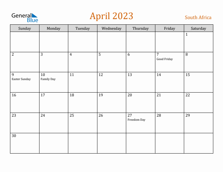 April 2023 Holiday Calendar with Sunday Start